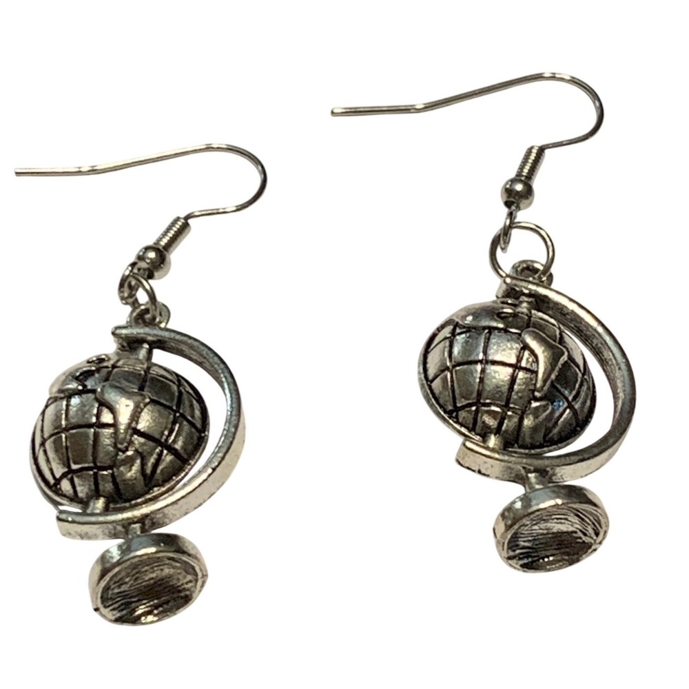 Silver Tone Globe World Map Dangle Earrings Women's Travel Adventure Jewelry